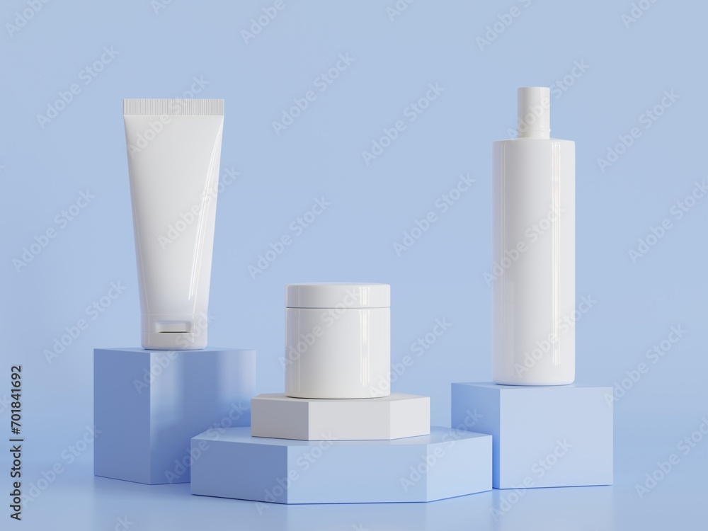 Realistic cosmetic bottle. Beauty product container set, plastic bottle illustration blank. spray bottle, cream tube and jar mockup collection on the podiun 3D. Clear spa hygiene object Realistic cosmetic bottle. Beauty product container set, plastic bottle illustration blank. spray bottle, cream tube and jar mockup collection on the podiun 3D. Clear spa hygiene object