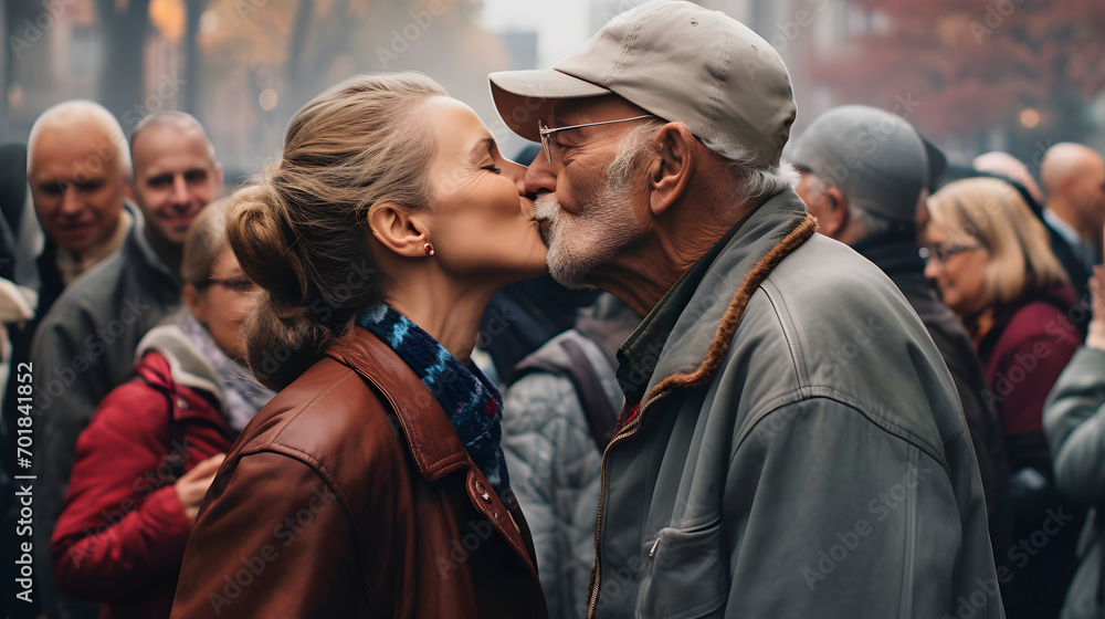 two people kissing each other in the middle of a celebration, people in love kissing each other