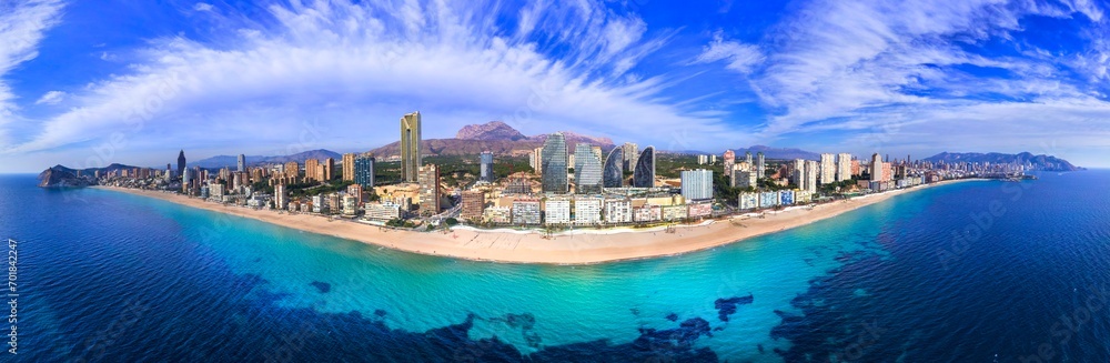 Obraz premium Benidorm skyline, Manhattan of Spain. Aerial drone panoramic view of skyscrapers and urban beach, Costa Blanca, Europe Ultra high resolution cityscape. World print quality, copy space