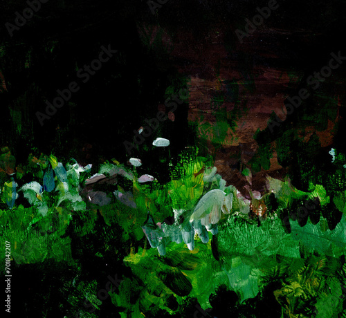 Аbstract background with green and black paint splashes and blots. Forest allusion