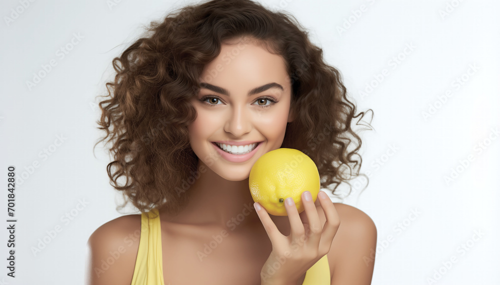 beautiful happy woman holding a lemon on a white background beautiful happy woman holding a lemon on a white background