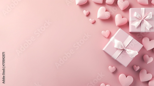 Valentine theme background with hearts and gift boxes. Pink backdrop with empty space for text. Wallpaper, cover, template