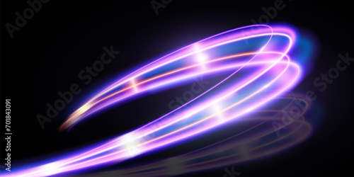 Light trails violet and blue line.Abstract background speed effect motion blur night lights. semicircular wave, light trail curve swirl. 