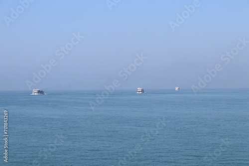 Fototapeta Naklejka Na Ścianę i Meble -  A fleet of Ships sets sail from Teknaf JT, bound for the stunning coral paradise of St. Martin Island, Bangladesh