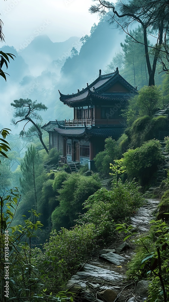 Landscape view of a traditional chinese temple in the mountains