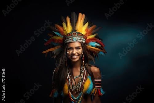 Woman model, beautiful American Indian with feathers