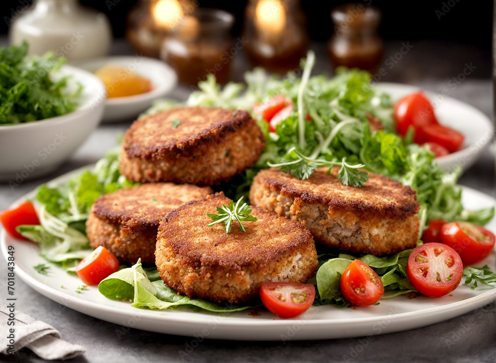delicious meat cutlets with fresh salad on a white plate