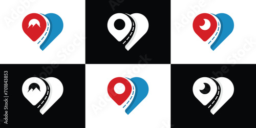 Creative Set of Love Road Logo. Mountain, Sea, Spot Travel Logo Icon Symbols Vector Design Template.