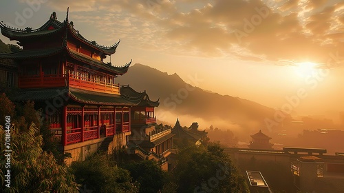 Landscape of chinese temple in the mist at sunset with mountain background photo