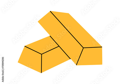 Hand drawn cute cartoon illustration of two gold bars. Flat vector aurum bullions sticker in colored doodle style. Financial literacy or success icon or print. Monetary savings. Isolated.