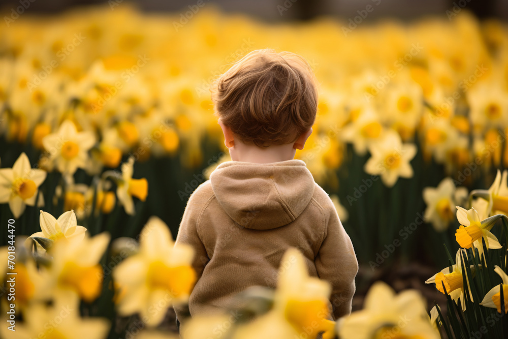 Back view of small boy child in field of yellow Daffodil spring flowers Back view of small boy child in field of yellow Daffodil spring flowers