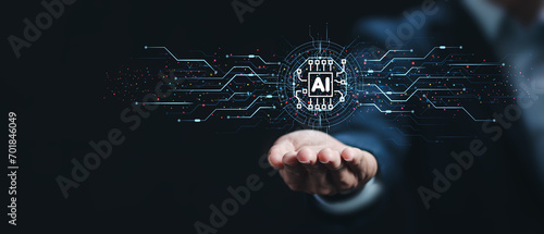 Ai tech, businessman with Ai tools for artificial intelligence use analytics, automation and autonomous brain. big data management, computer connection information intelligence technology. photo