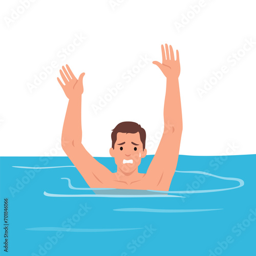 Stressed man drowning in water rise hand asking for help. Unhappy scared male beg for rescue have emergency in sea. Flat vector illustration isolated on white background