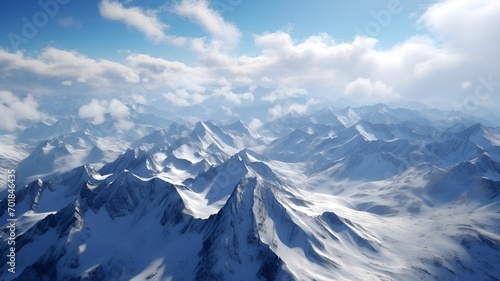 A high-altitude view of snow-capped peaks,
