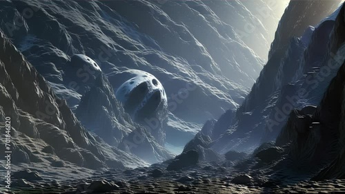 A desolate ravine landscape with a distant planet in view.
 photo
