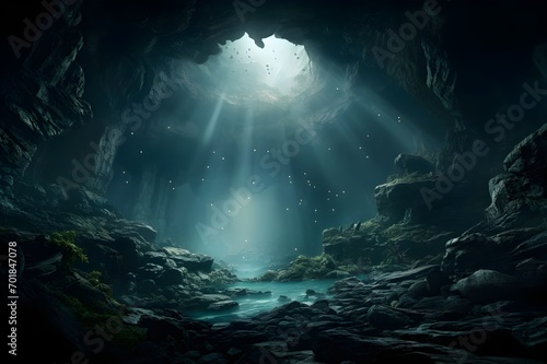 A dark  gloomy  mysterious stone cave with light coming from the ceiling.