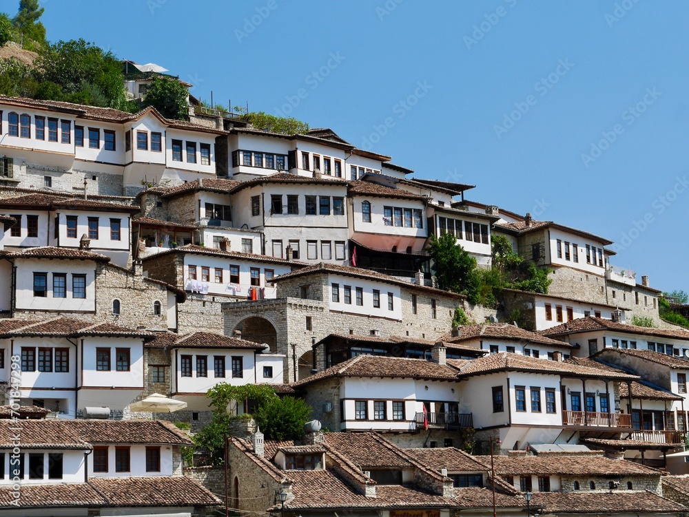 Panoramic view of old Ottoman houses in old town of Berat, UNESCO World Heritage, Albania.