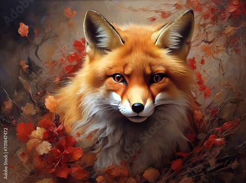 Painting of a fox in autumn leaves. Generative AI.