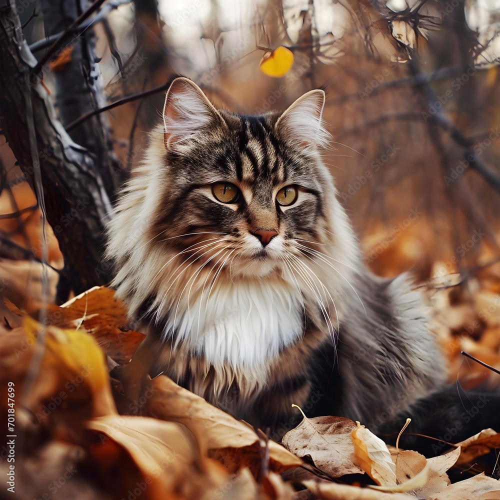 fluffy domestic cat in the autumn forest