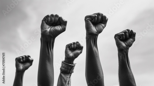 four fists of african people raised to the sky black and white photo with copy space photo