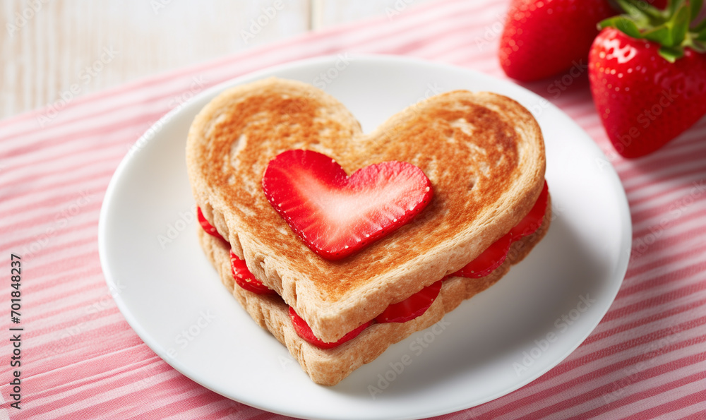 Valentines Day breakfast concept card with copy space. Heart shaped toasts with fresh strawberry on a table with a pink striped tablecloth. Bread with berries on white plate. Sandwich for Mothers day. Valentines Day breakfast concept card with copy space. Heart shaped toasts with fresh strawberry on a table with a pink striped tablecloth. Bread with berries on white plate. Sandwich for Mothers day.
