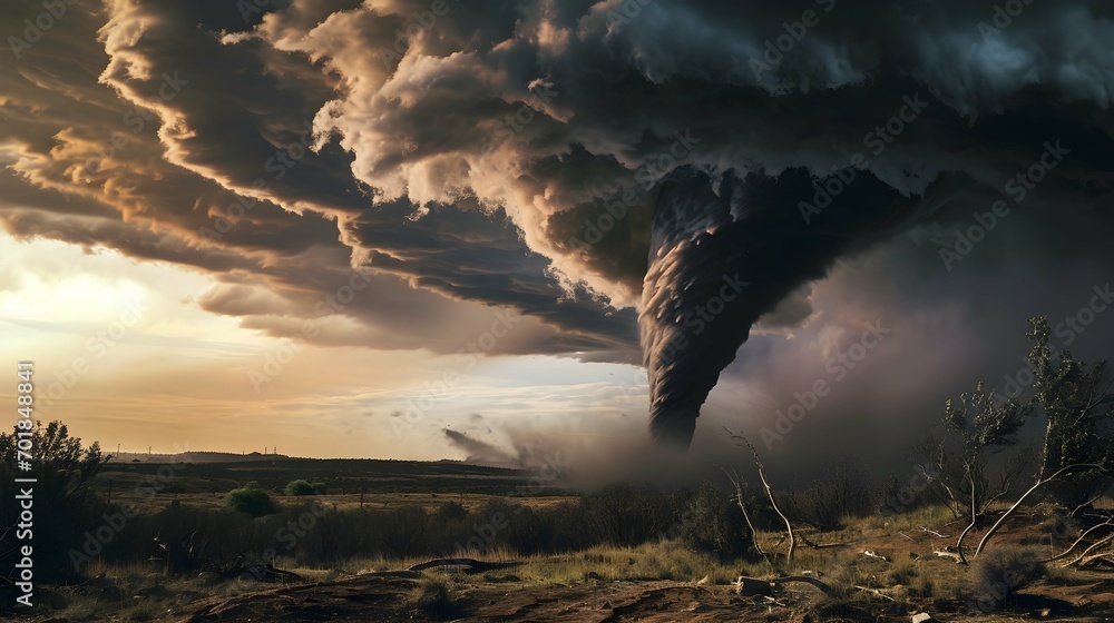 Fototapeta premium tornado with dark Thunder sky and landscape 