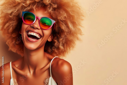 Beauty African American girl with afro blond hair laughing, happy and funny woman laughing. ai generative