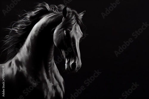 Black and white banner of a magnificent black stallion horse isolated on black background with copy space. ai generative © Igor