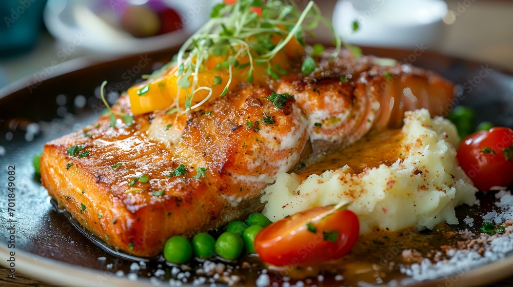 Grilled salmon with mashed potatoes and vegetables on plate, closeup Grilled salmon with mashed potatoes and vegetables on plate, closeup