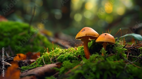 two mushrooms on a mossy forest floor with leaf litters