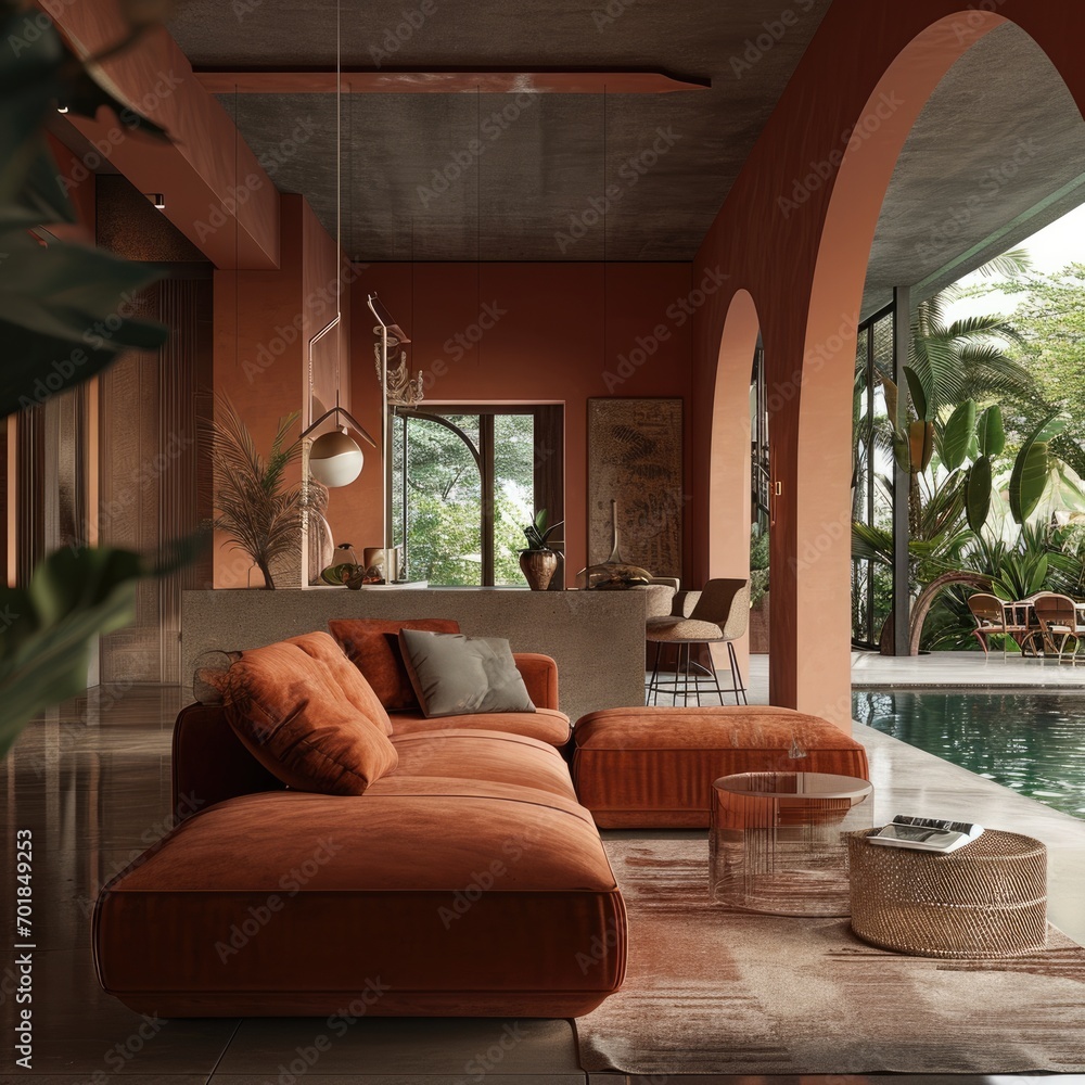 Chic Villa Living Room: Cozy Terra Cotta Velvet Sofa with Pool View