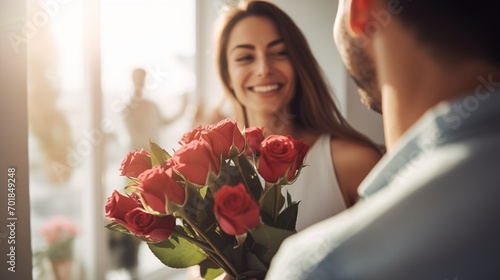 Fototapeta Naklejka Na Ścianę i Meble -  Man giving his amazed girlfriend bunch of red roses on Valentine's Day, generative ai