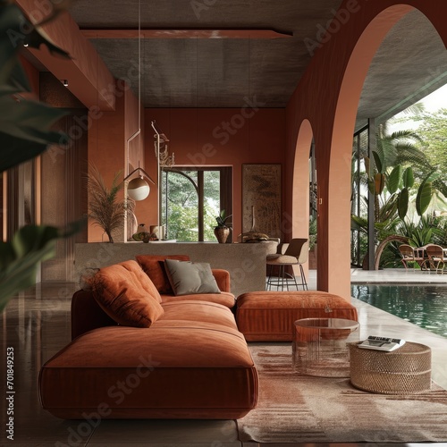 Chic Villa Living Room: Cozy Terra Cotta Velvet Sofa with Pool View © AIGen