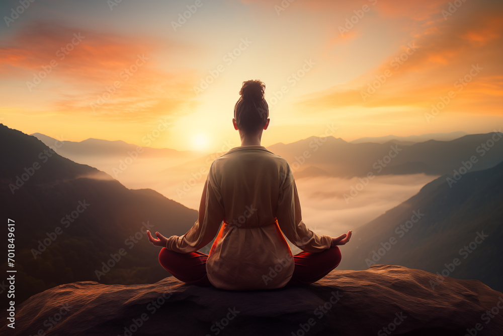 Woman performing yoga at sunrise on a mountain peak