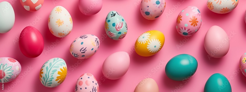 Easter colored eggs with decorative patterns on a pink background.