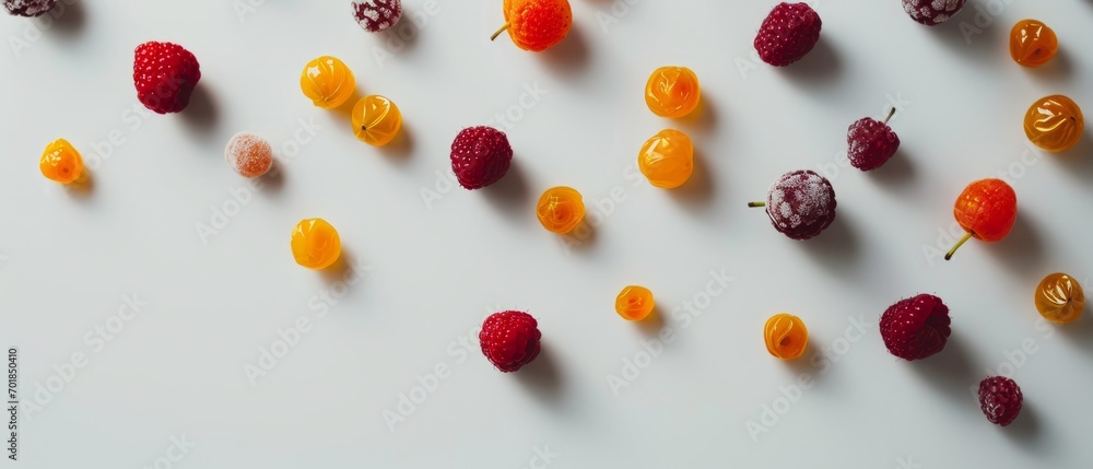 Scattered colourful candied and dried fruits on a light surface. Scattered colourful candied and dried fruits on a light surface.