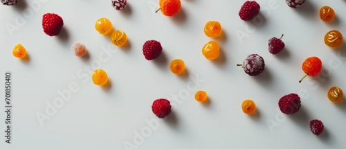 Scattered colourful candied and dried fruits on a light surface. photo
