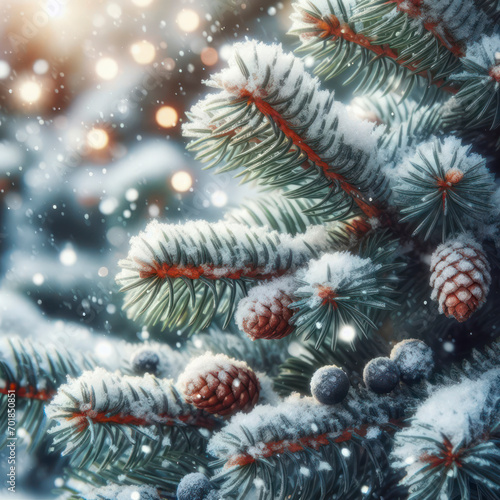 Close up winter fir tree branches with snow background. ai generative