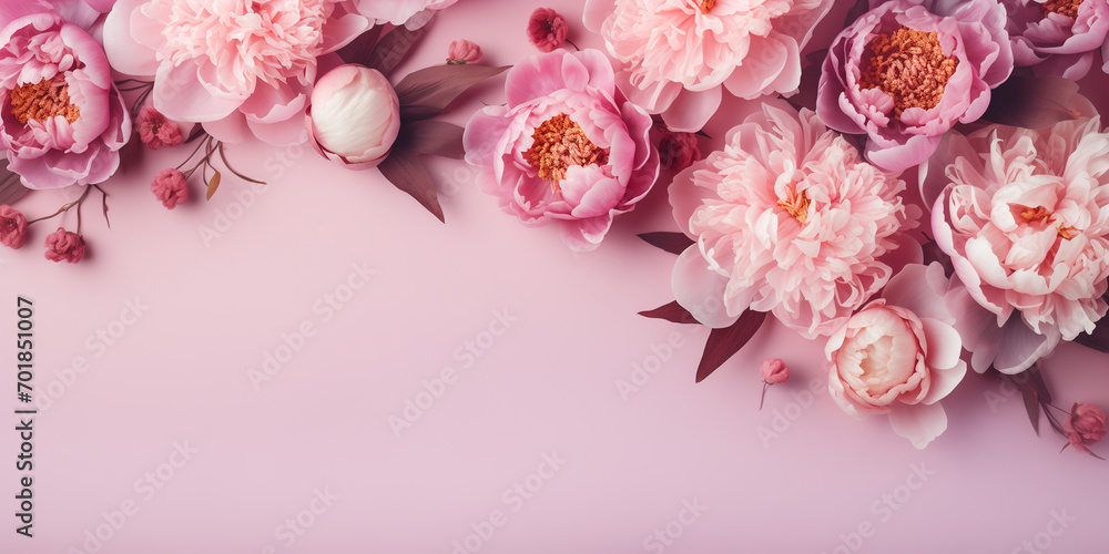Pink background with peonies and space for text on international women's day