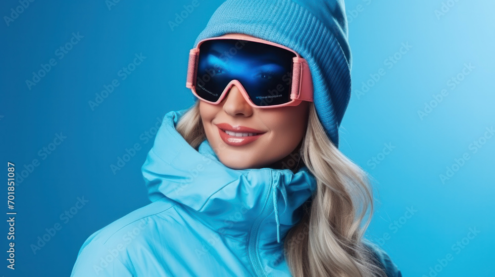 Portrait of woman in alps. Ski vacation in skier uniform, helmet and goggles Portrait of woman in alps. Ski vacation in skier uniform, helmet and goggles