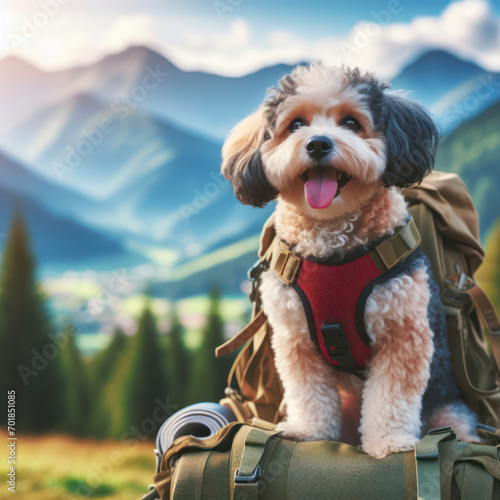 Cute dog with bag pack on mountain nature background blur background. ai generative © Igor