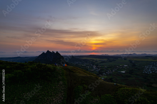 Aerial view of sunrise from top of le pouce mountain in Mauritius island © Kestreloculus