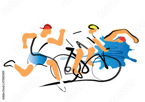 Triathlon cycling swimming, fitnes, line art.
 Illustration of Triathlon athletes. Continuous Line Drawing. Isolated on white background. Vector available.