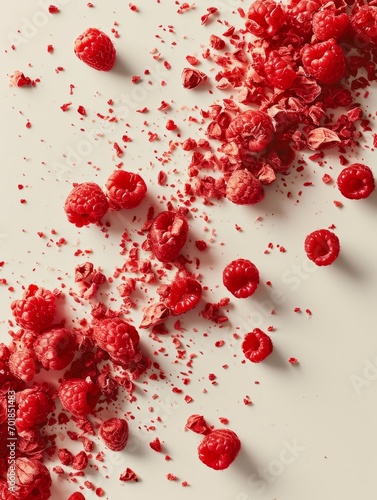 Frost-dried raspberries scattered  creating a crisp and vibrant red pattern.