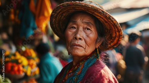 Street photography, Vietnamese woman in colorful ethnic clothing and traditional hat, local artisans, cotton and linen, bustling market, long shot, Old Town Square, cultural vibrancy.