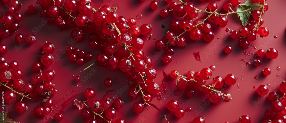 Scattered redcurrants with vibrant red hues and fresh green leaves on a red surface. Scattered redcurrants with vibrant red hues and fresh green leaves on a red surface.