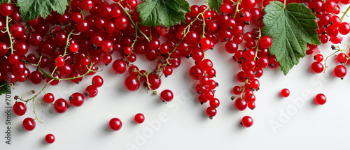 Scattered redcurrants with vibrant red hues and fresh green leaves on a white surface.