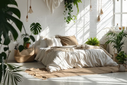 Contemporary Boho Bedroom Interior with White Empty Wall, Plants, and Bed photo