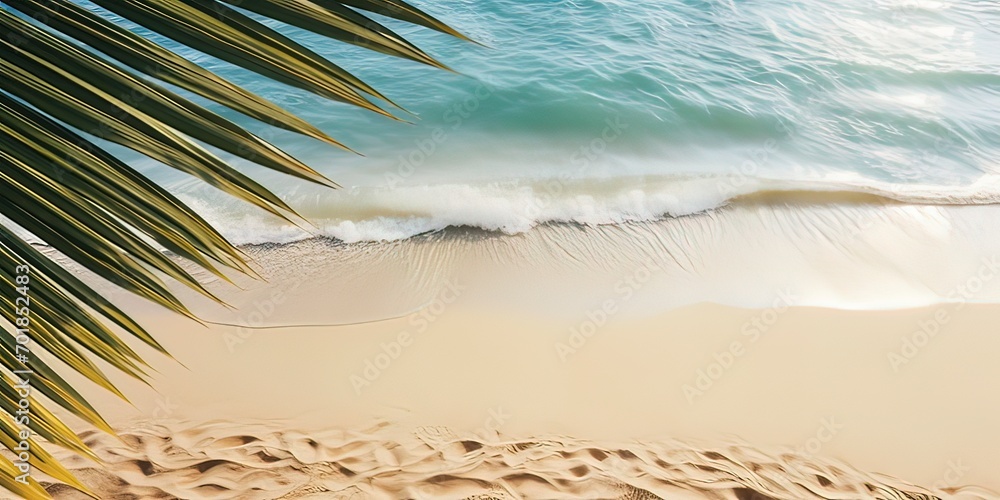 palm leaf shadow on abstract white sand beach background with sunlight in transparent water wave from above, beautiful summer vacation concept with copy space