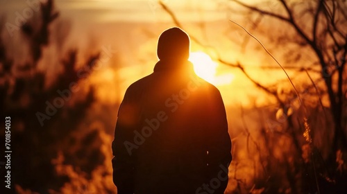 Silhouette of a praying man against the background of sunrise